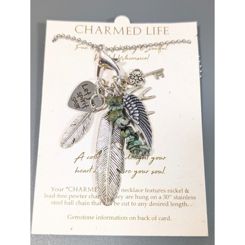 Charmed Life Boho Western Turquoise Heart Feather Charm Ball Chain Necklace 30"